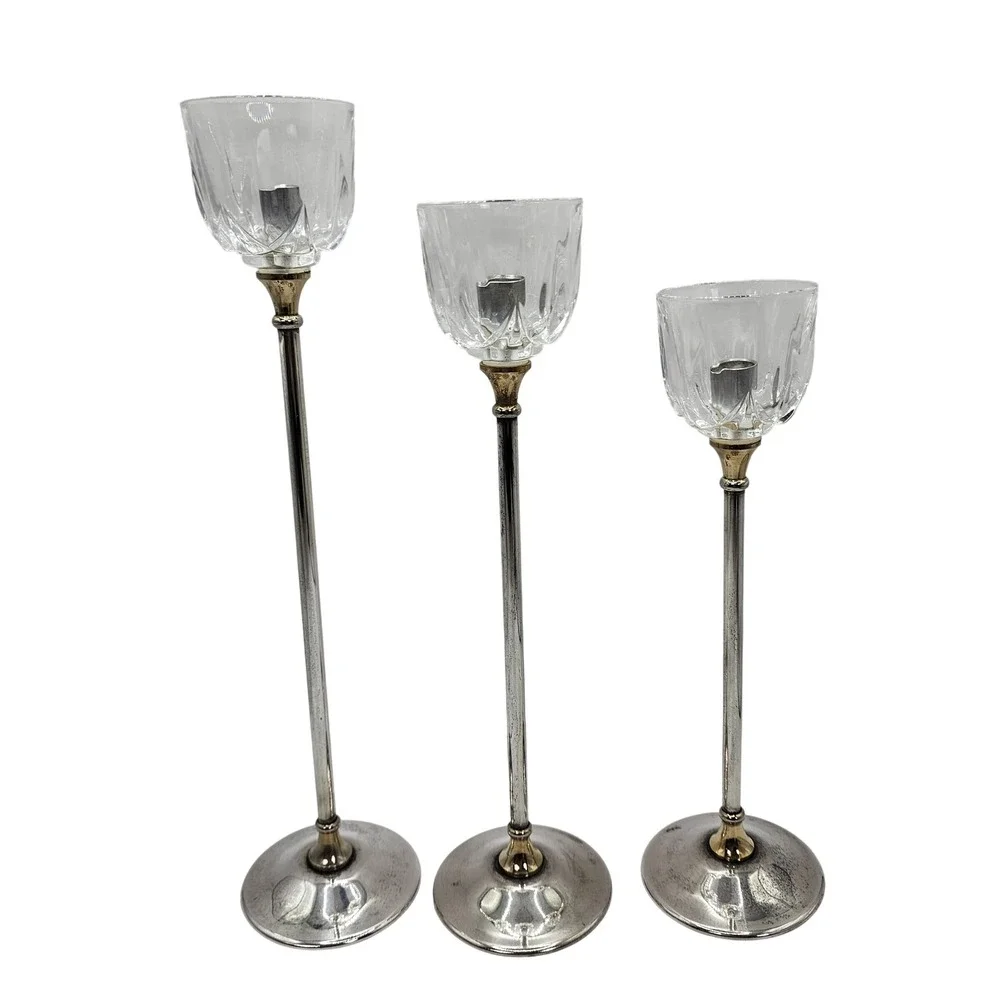 Landes Argente Silver Plate Italian Crystal Candlesticks Set of‎ 3 Vintage